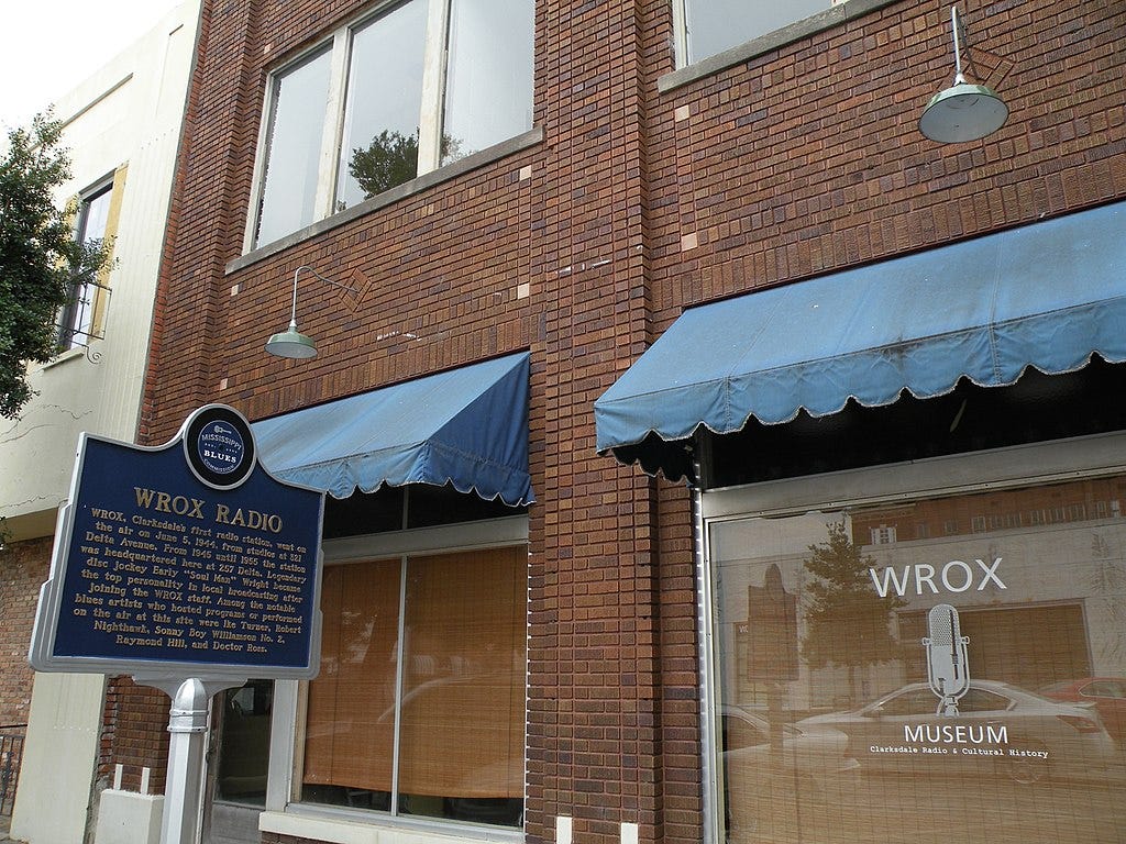 The WROX Radio building and a sign next to it from the Mississippi Blues Trail The WROX Radio building and a sign next to it from the Mississippi Blues Trail