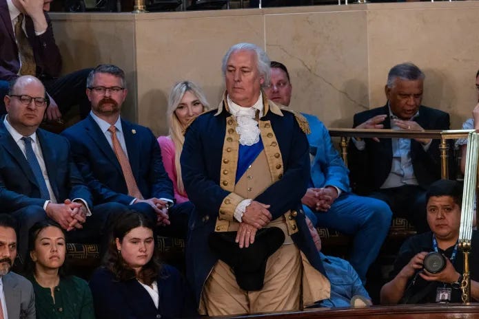 A man dressed as George Washington attended King Charles III's speech to congress on Tuesday, April 28