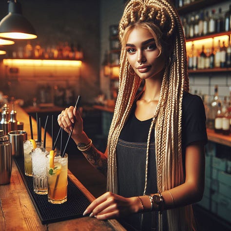 ”create me an image of a woman with braids making drinks behind bar shot by professional photographer”