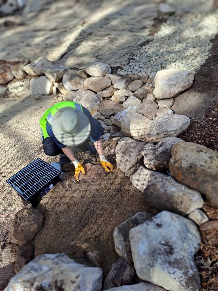 Amy gathers sandy soil around the stormwater drain in the newly created pond, Amy gathers sandy soil around the stormwater drain in the newly created pond,