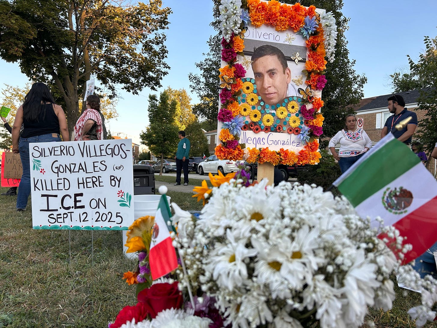 May be an image of 6 people and text that says 'ilverio C alegas allegasGanzález González SILVERIO VILLEGOS- 养茶 GONZALES ES (২) KILLED HERE BY I.CEa ON SEPT SEPT.12.2025 12 2025'