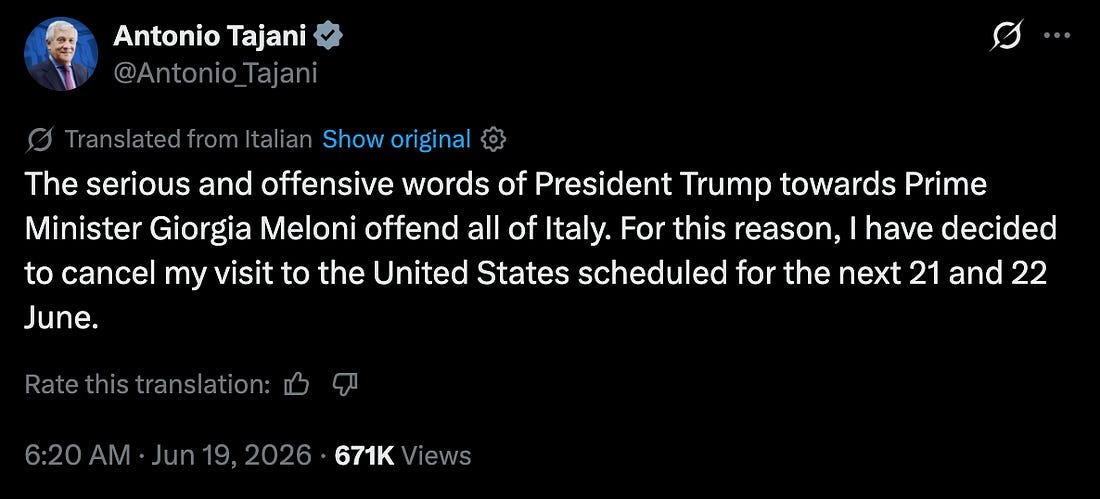 Social media post by Italian government deriding Trump's offensive remarks and stating that Meloni will cancel her visit to the U.S. Social media post by Italian government deriding Trump's offensive remarks and stating that Meloni will cancel her visit to the U.S.