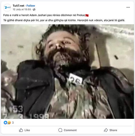 Përhapja e një fotografie të ndjeshme të komandantit Adem Jashari pas rënies së tij, si u shpërnda imazhi në rrjetet sociale nga: Tuit7.net, Gazeta Flash24, Informacioni i Ditës, Kosova Report dhe Pellazgët Historia jonë e Mohuar. Një fenomen shqetësues që ngre pyetje mbi etikën, qëllimin dhe ndikimin kolektiv. © Revista SPOTLIGHT.