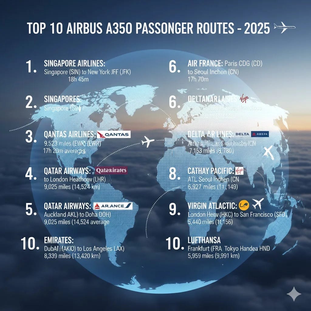 Top 10 Airbus A350 Passenger Routes in 2025