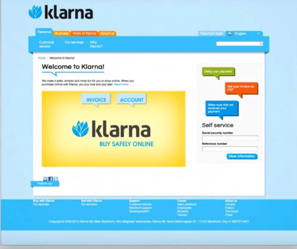 Klarna 早期網站畫面，Source: TechCrunch
