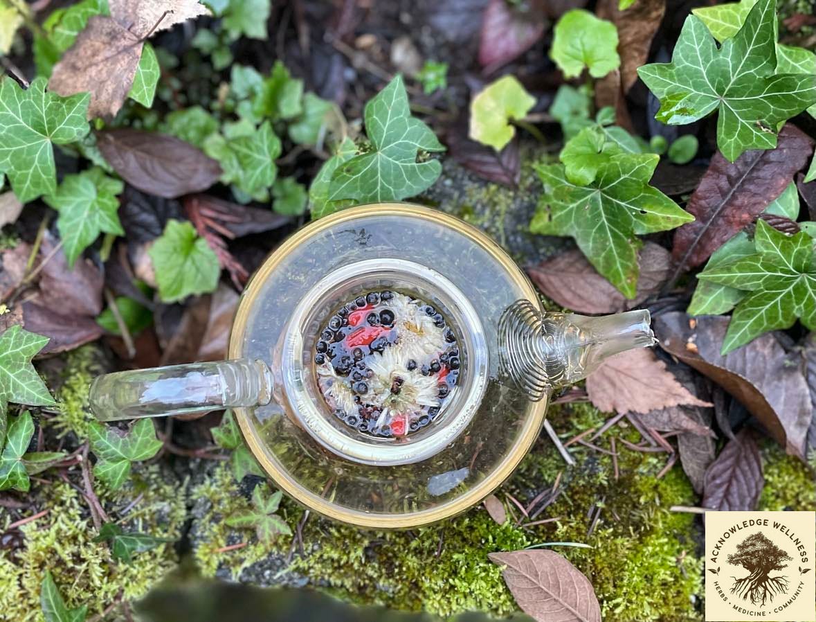 Photo of our Eye Support Tea Blend in a  tea pot on the ledge covered in ivy.