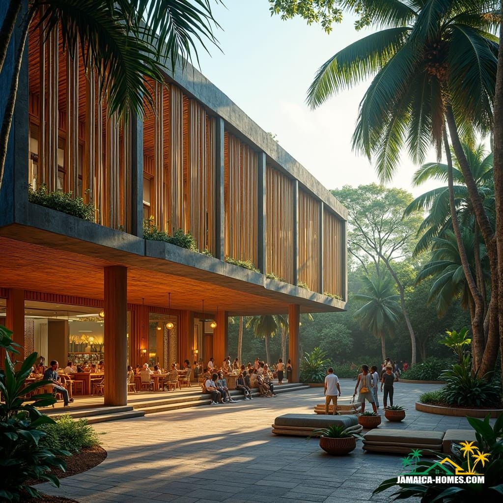 Design a cultural arts center in Kingston, Jamaica, inspired by traditional Jamaican architecture with modern twists. 