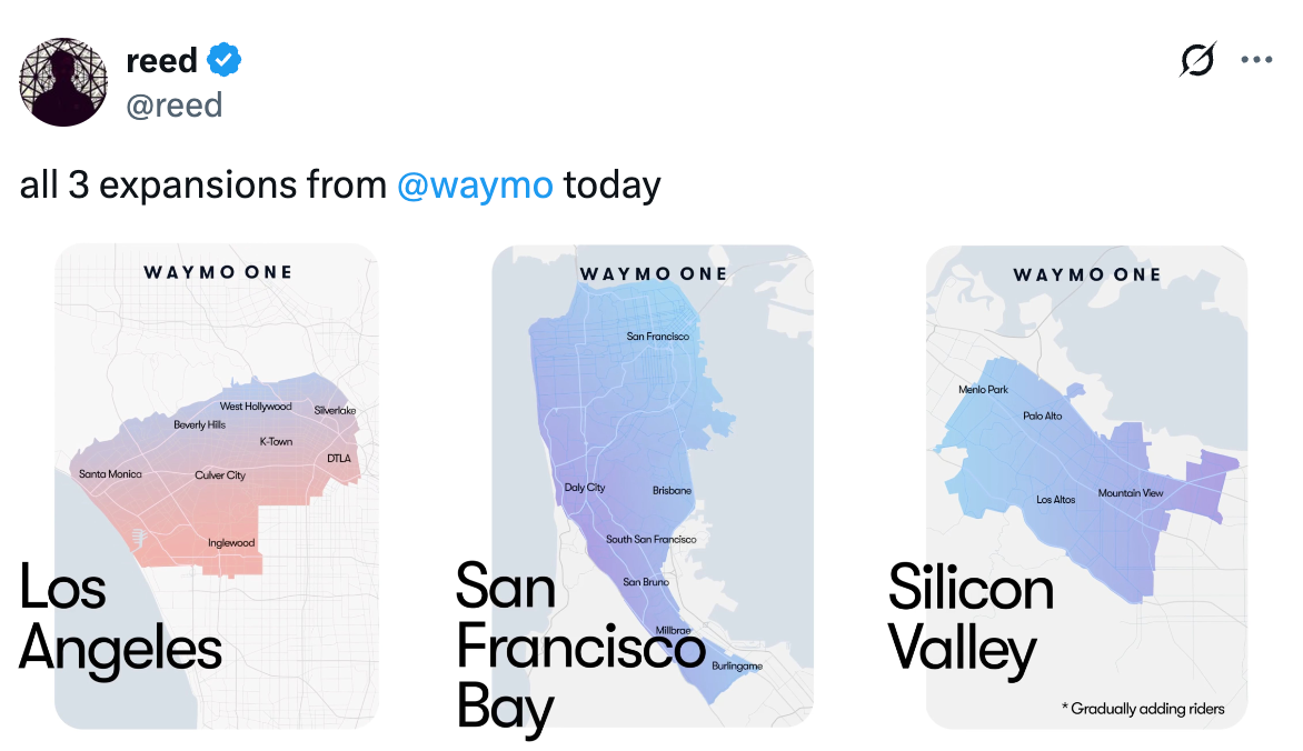   See new posts Conversation reed @reed all 3 expansions from  @waymo  today