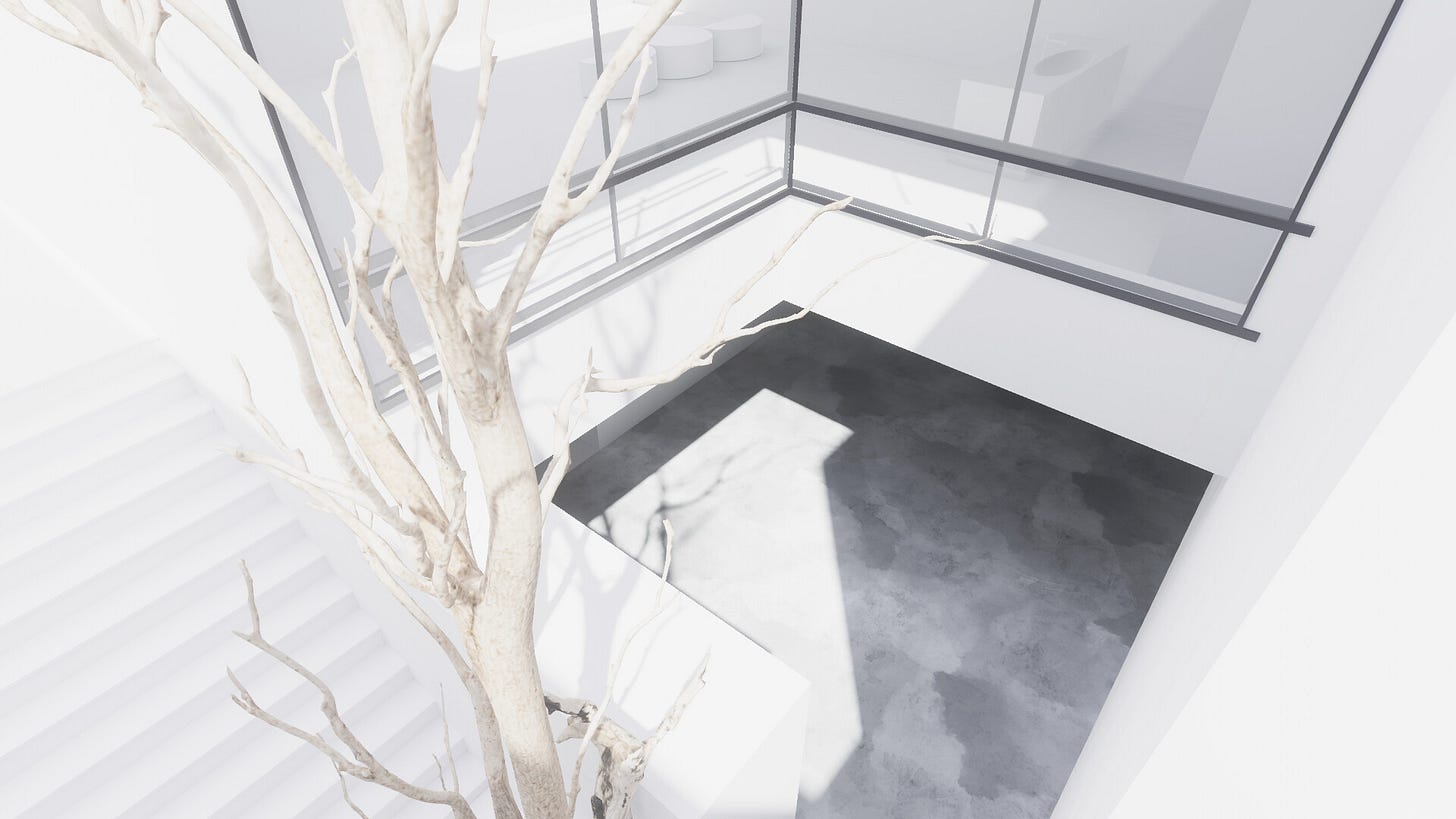 White architecture, including windows and a staircase. The floor has a gray, marbled appearance. There is a white tree with no leaves in the foreground. White architecture, including windows and a staircase. The floor has a gray, marbled appearance. There is a white tree with no leaves in the foreground.
