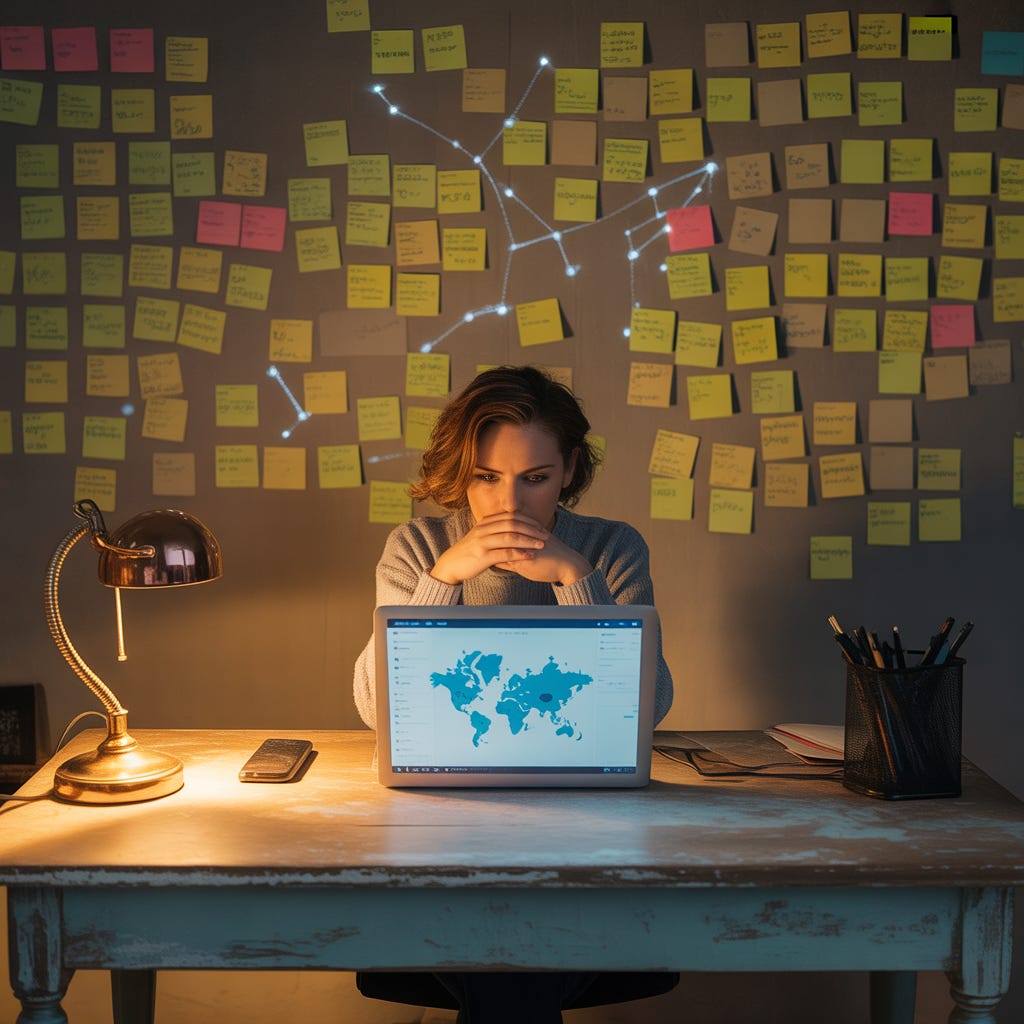 A person at a desk surrounded by sticky notes and a glowing laptop, mapping out a blog promotion plan without paid ads