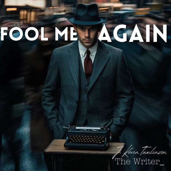 A con artist wearing a suit, tie, and fedora, standing in front of a small table with a vintage typewriter on it. He's on a busy street, and the ground around him is blurred by motion.