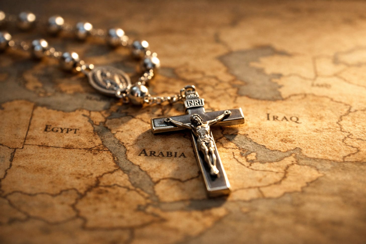 Silver rosary beads resting on a map of the Middle East symbolizing a Catholic perspective on global conflict | Dr. Marcus Peter