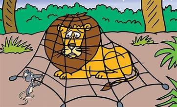 A cartoon of a lion in a web

Description automatically generated