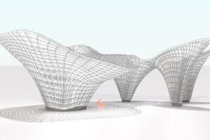 An example of a gridshell with a topologically irregular boundary shape computed with the proposed system. ©2025 Masaaki Miki and Toby Mitchell CC-BY-ND