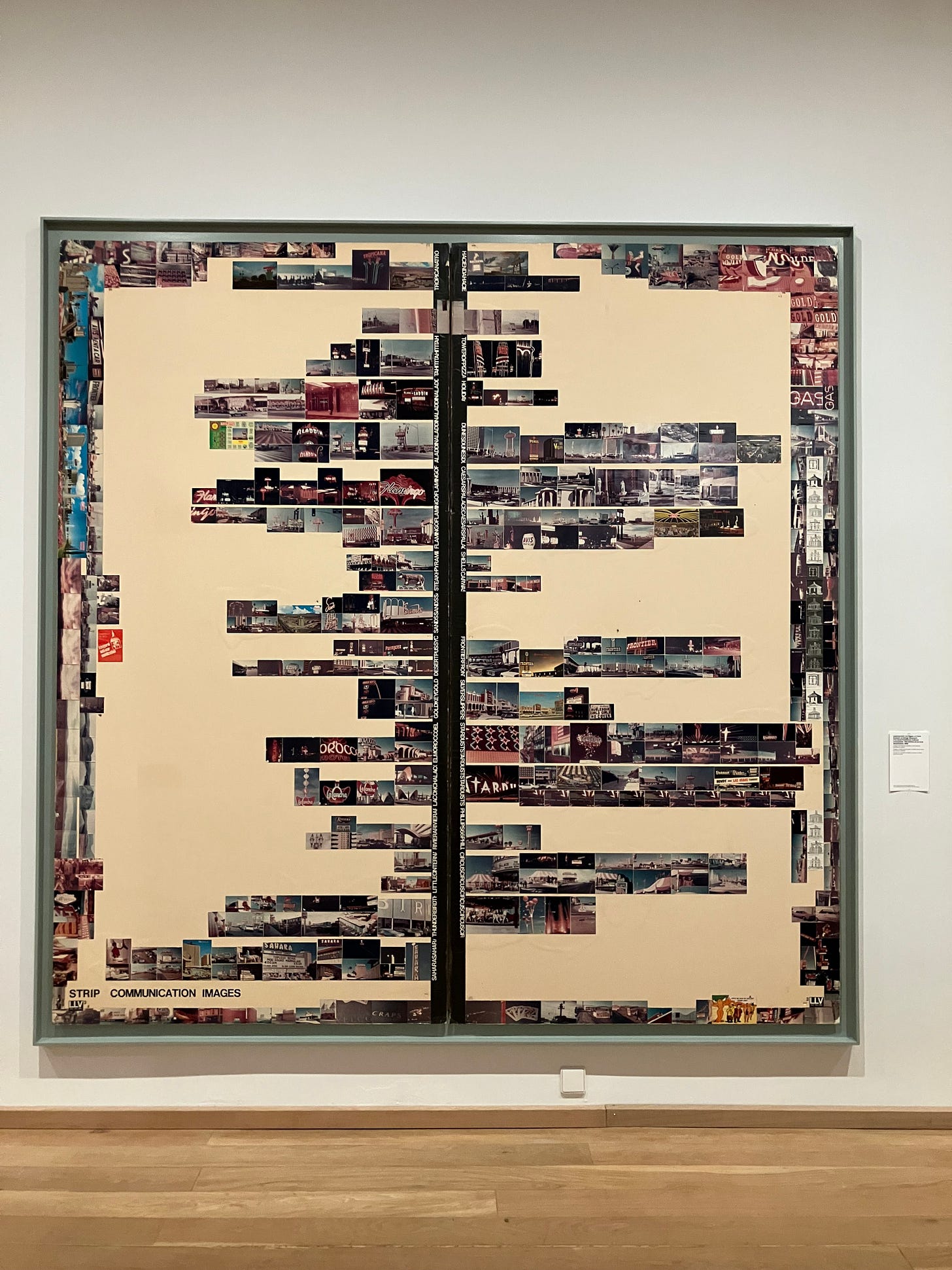 large collage of photographs arranged on a vertical Las Vegas "strip" with images from each iconic hotel there