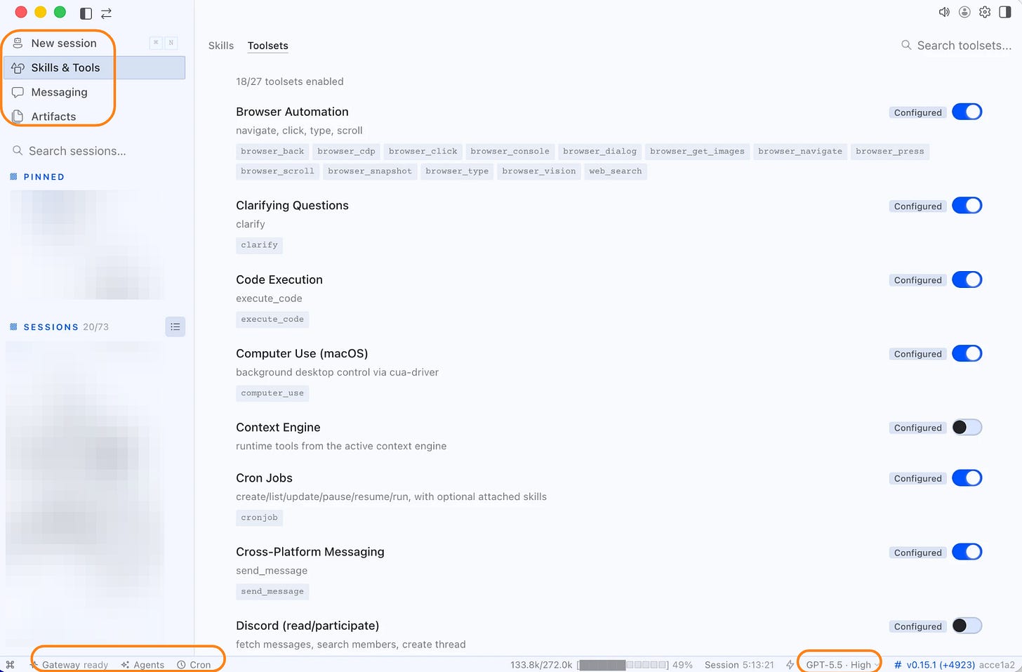 The Hermes desktop app: sessions grouped by workspace on the left, 27 built-in toolsets, a running gateway, and a model picker set to GPT-5.5.