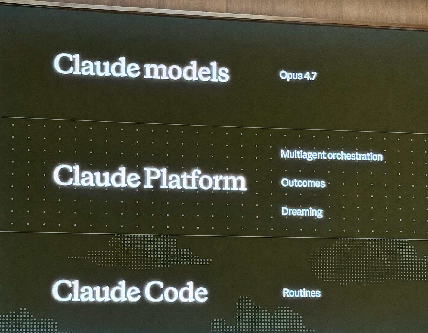 Slide at Code with Claude Extended showing the Claude stack across models, platform tools, and Claude Code, including Opus 4.7, multi-agent orchestration, Outcomes, Dreaming, and Routines. Slide at Code with Claude Extended showing the Claude stack across models, platform tools, and Claude Code, including Opus 4.7, multi-agent orchestration, Outcomes, Dreaming, and Routines.