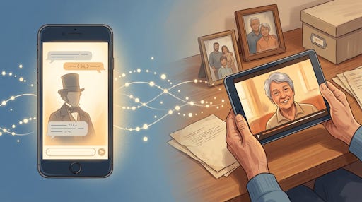 Hands hold a device with a picture of a senior, and another device with a picture of Abraham Lincoln Hands hold a device with a picture of a senior, and another device with a picture of Abraham Lincoln