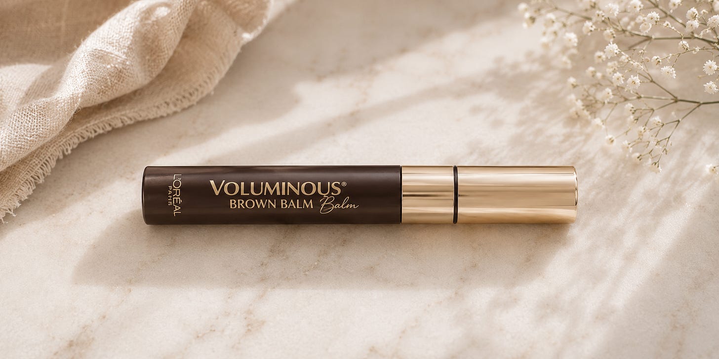 L'Oréal Paris Voluminous Brown Balm Mascara photographed on a light marble surface with soft natural light. L'Oréal Paris Voluminous Brown Balm Mascara photographed on a light marble surface with soft natural light.