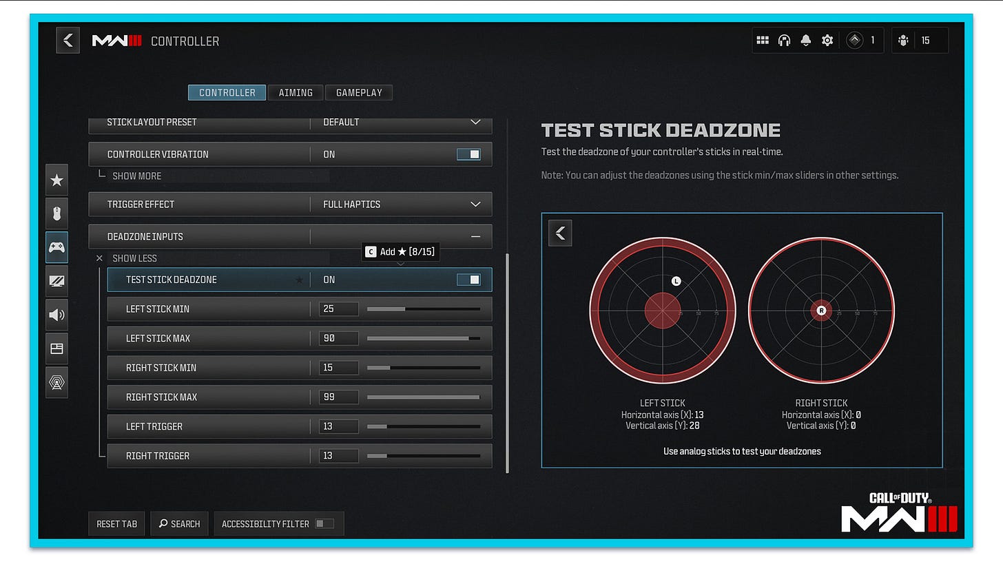An accessibility menu with options to switch the inputs of a joystick in the game Call of Duty: Modern Warfare III.