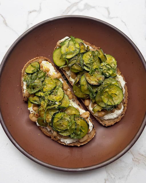 Lemony Ricotta Zucchini Toast with Garlicky Beans