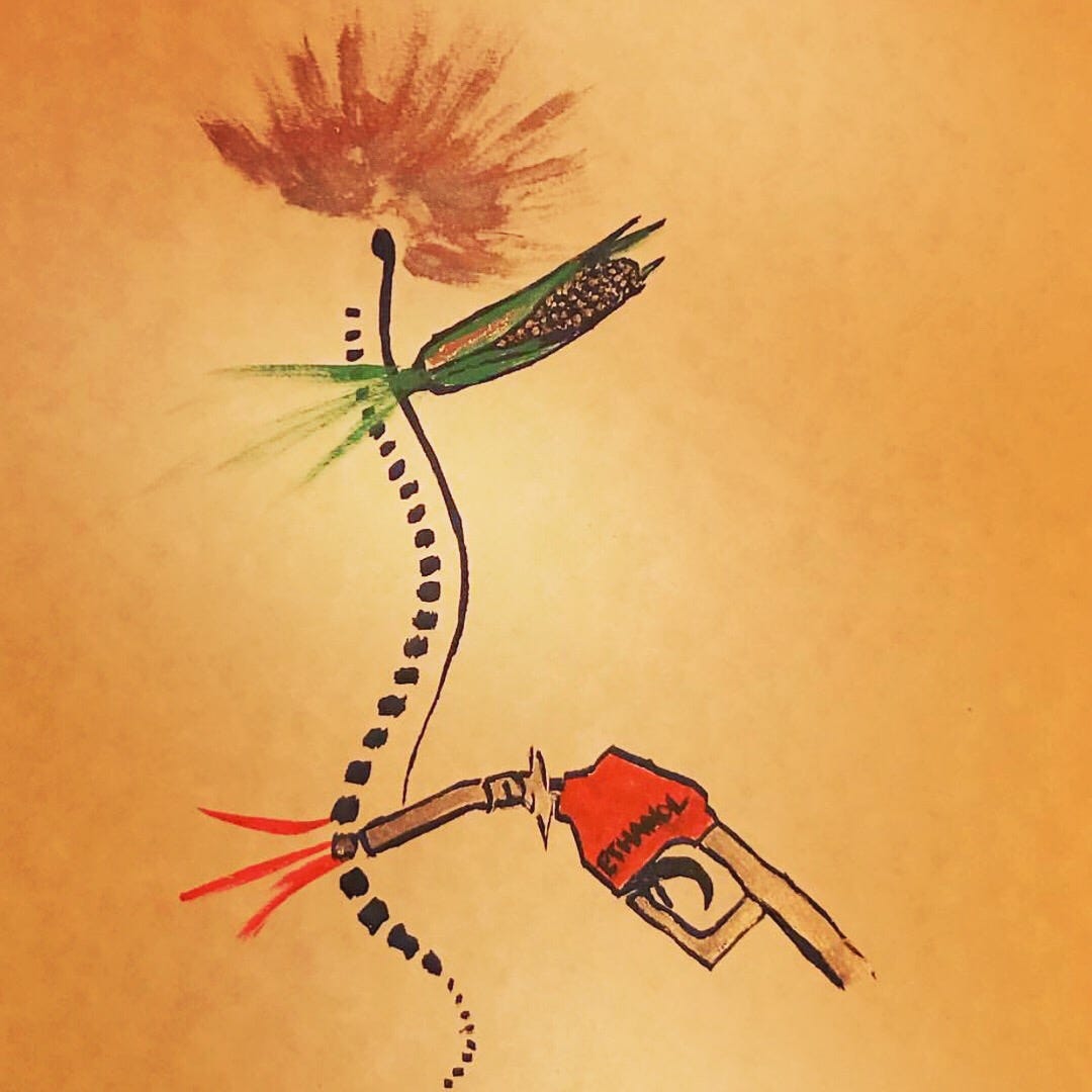 Backbone with a gas pump pouring red fluid into a lower vertebrae at T1 and an ear of corn shooting out the c5 vertebrae as if growing from it. The brain is illuminated good and painted like the silky hairs on an ear of corn.
