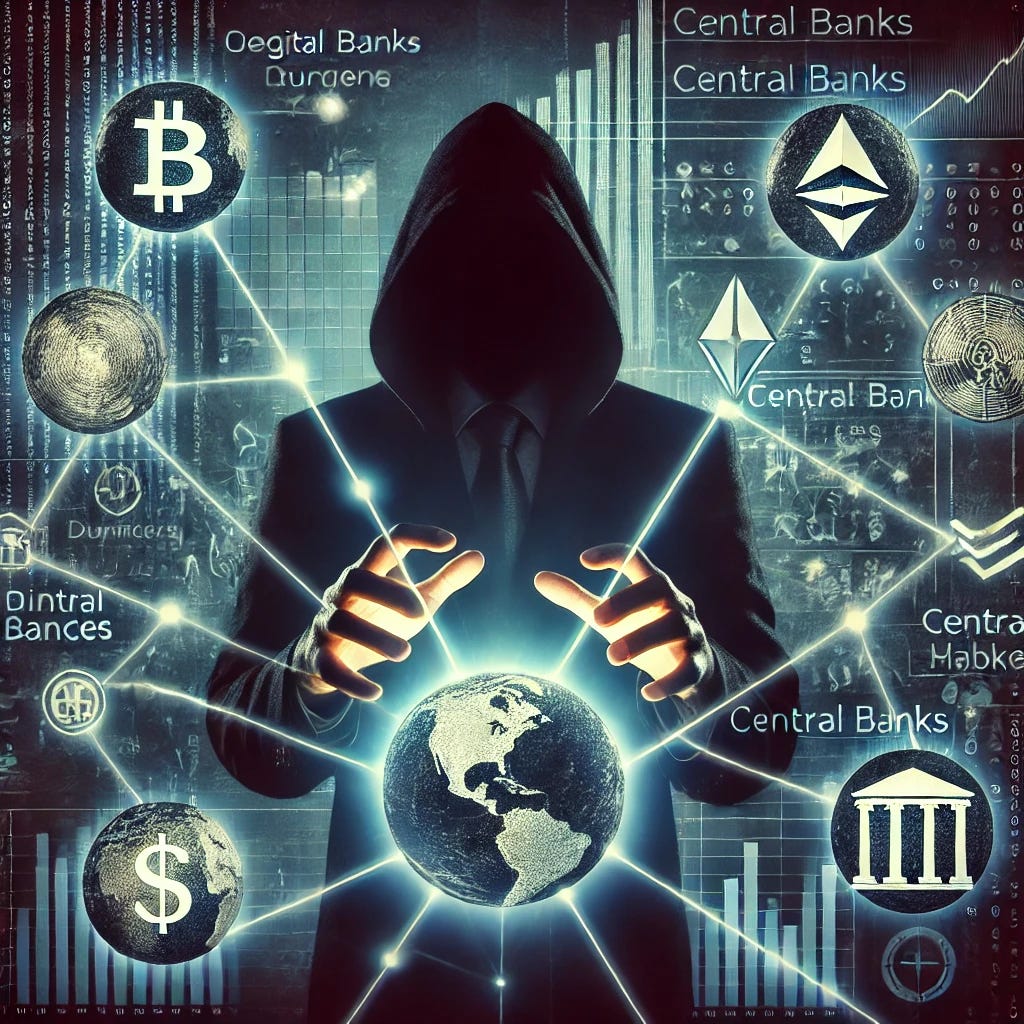 A symbolic representation of financial manipulation with shadowy figures controlling a network of digital currencies, central banks, and financial markets. The image should feature a dark figure in the center with their hands reaching out to connect global financial hubs, surrounded by digital icons symbolizing money, regulation, and control, suggesting a hidden conspiracy within the financial system. The atmosphere should be mysterious, with glowing lines of currency data linking various financial institutions worldwide.