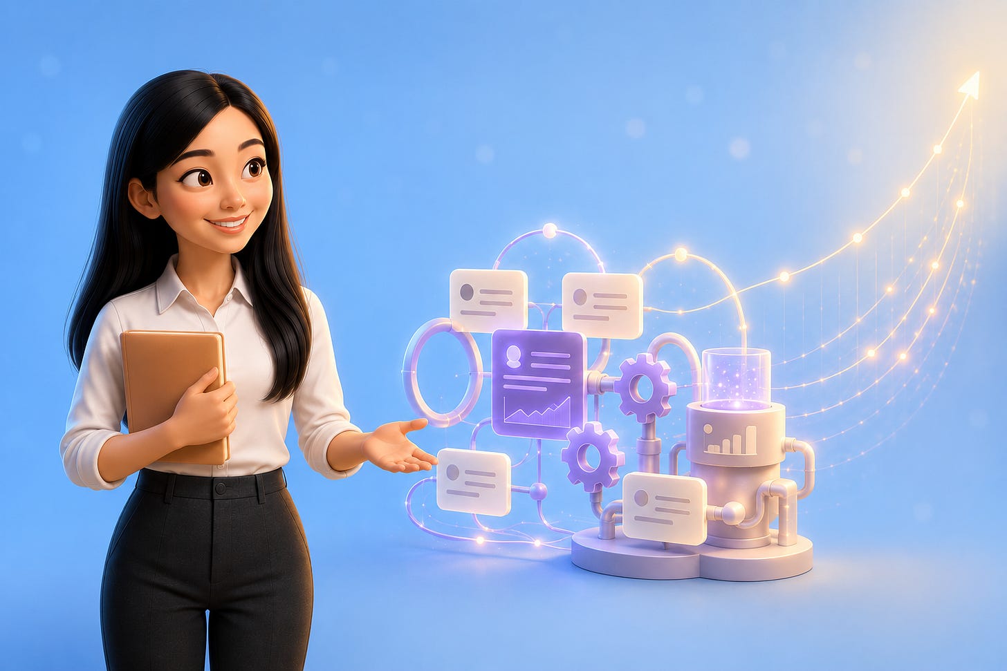Pixar-style 3D illustration of Jenny Ouyang from Build to Launch stepped back with one hand off a softly glowing self-running growth engine while cradling a single notebook, a rising growth line climbing from the engine, representing handing the mechanical 80% of Substack growth to Claude and keeping the meaningful 20%.
