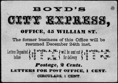 1860 business card from John Bowman's Primer on Boyd's City Express 1860 business card from John Bowman's Primer on Boyd's City Express