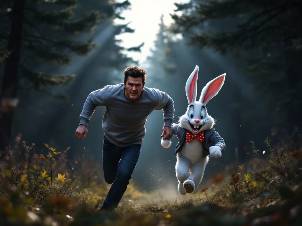 Charlie Sheen chasing the Trix Rabbit into the woods