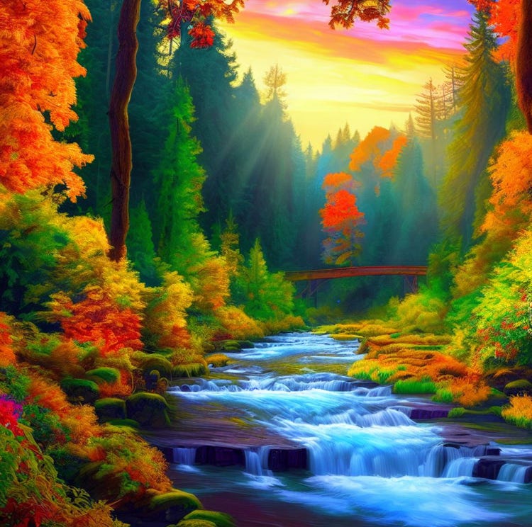 AI generated image of river in fall forest with colors of yellow, orange, red, blue, and white