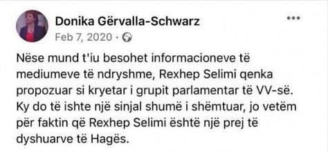 Postimi i Shqipe Mehmeti Selimit në Facebook më 20 Gusht, 2025.