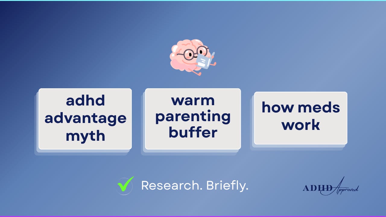 text reading "adhd advantage myth", warm parenting buffer, “how meds work” on a deep blue gradient background fading from navy to bright blue text reading "adhd advantage myth", warm parenting buffer, “how meds work” on a deep blue gradient background fading from navy to bright blue