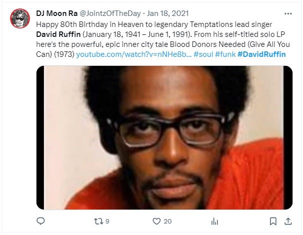 Singer David Ruffin Death David Ruffin (Jan 18, 1941 – June 1, 1991) of the Temptations