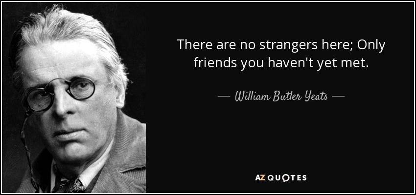 Black-and-white photograph of Yeats presented in an inspirational quote format next to the misattributed quote 