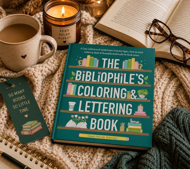 May include: A teal coloring and lettering book titled "The Bibliophile's Coloring & Lettering Book" with a coffee mug, candle, and bookmark. The bookmark reads "So many books so little time."