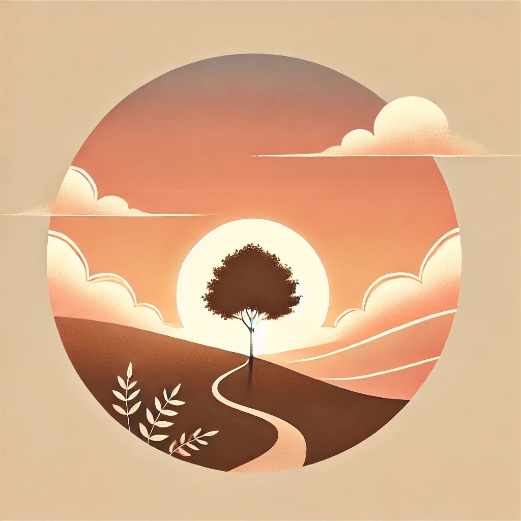 An abstract illustration featuring a solitary tree at the end of a winding path, set against a serene, pastel-hued landscape.