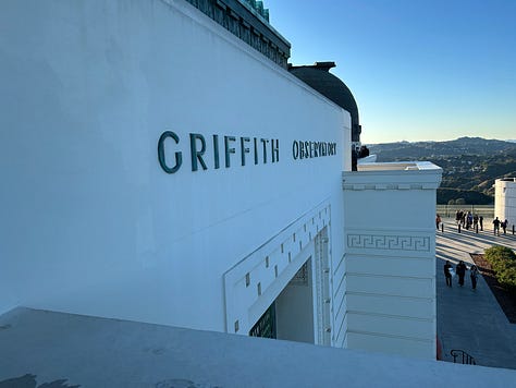 the sun setting over the Griffith Observatory with various views of DTLA and the Hollywood sign, and the inside of the dome in the museum