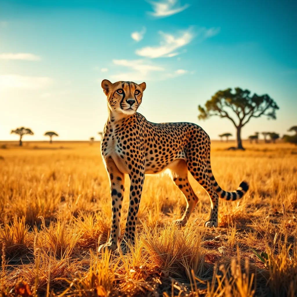 An AI-generated cheetah on a sun-drenched savanna — a Midjourney/Flux prompt example