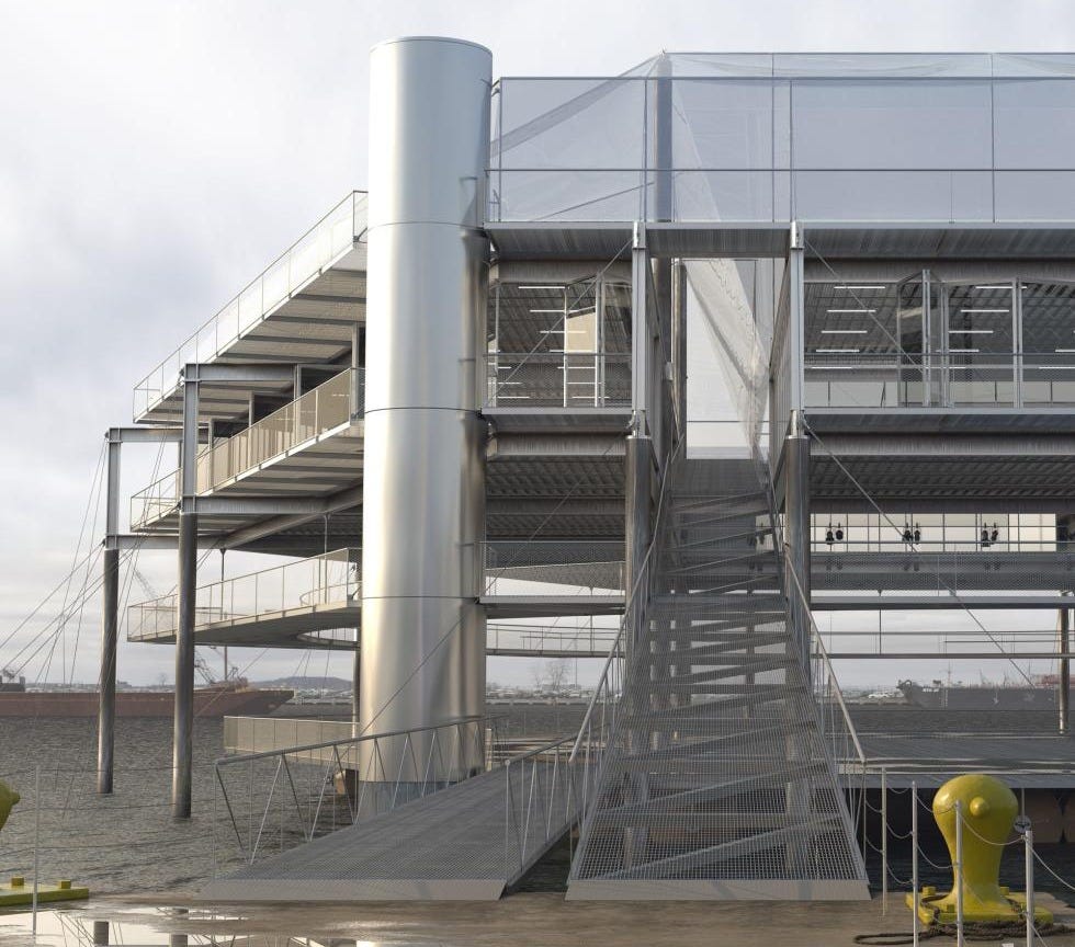 Modern architectural structure by the waterfront with metal and glass elements, showcasing a sleek industrial design with staircases and a view of the water. Ideal for articles on contemporary architecture, sustainable design, or waterfront developments.