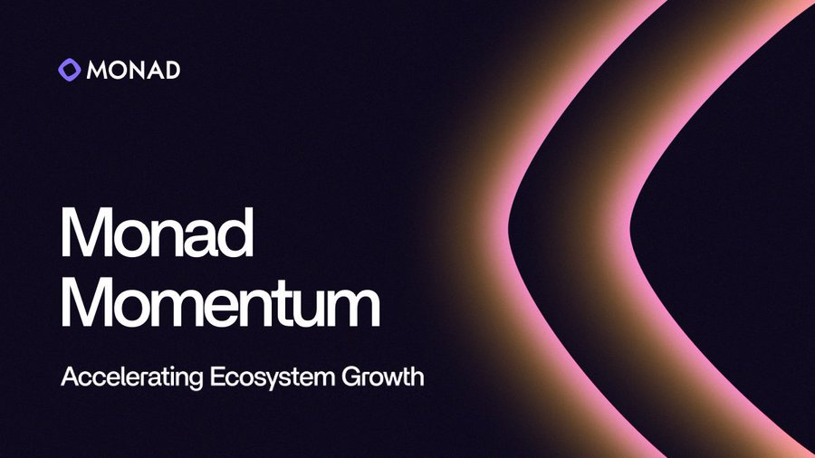 A dark background with two curved, glowing lines in pink and brown. The Monad logo, a purple circular symbol, is in the top left corner. Text reads "Monad Momentum" in large white letters and "Accelerating Ecosystem Growth" in smaller white letters below.