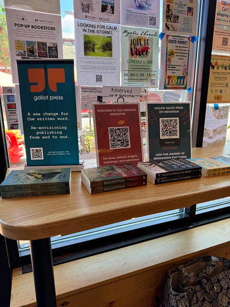 Images of Galiot Press books displayed on a table inside a café