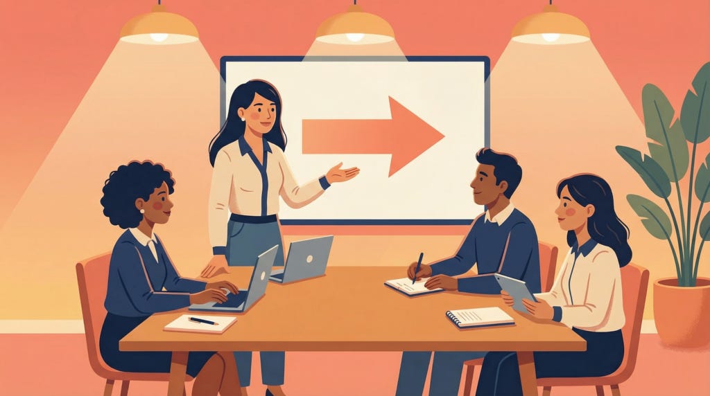 Business team seated at a table while a woman presents next steps on a screen with a large arrow pointing forward.