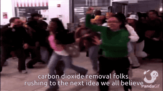 GIF of a crowd running and jostling through a store entrance like a Black Friday rush, a PandaGif watermark in the corner. Text: "carbon dioxide removal folks rushing to the next idea we all believe"