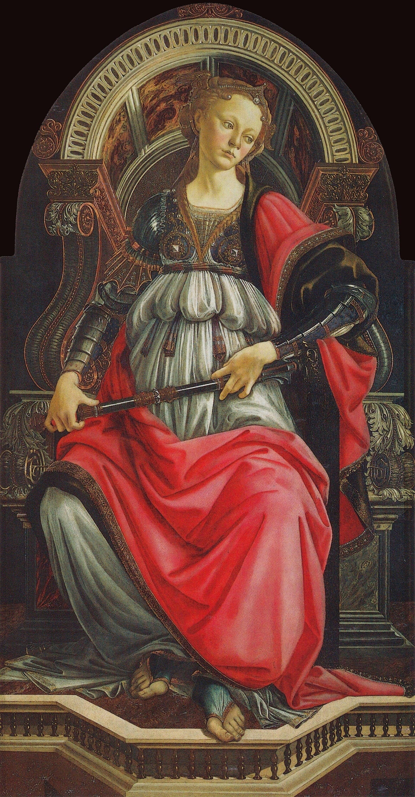 A young woman in armor over a long dress sits on a marble bench carved with ornaments, holding a short scepter in her right hand, her head slightly turned.