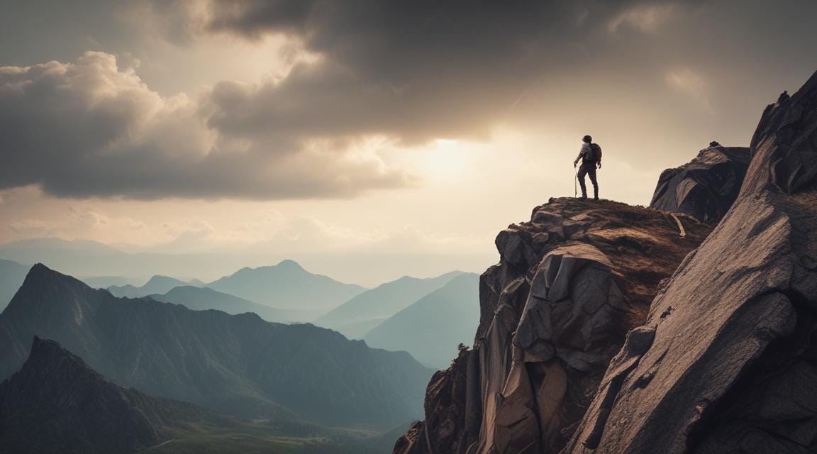 A lone hiker looking over a cliff into the horizon