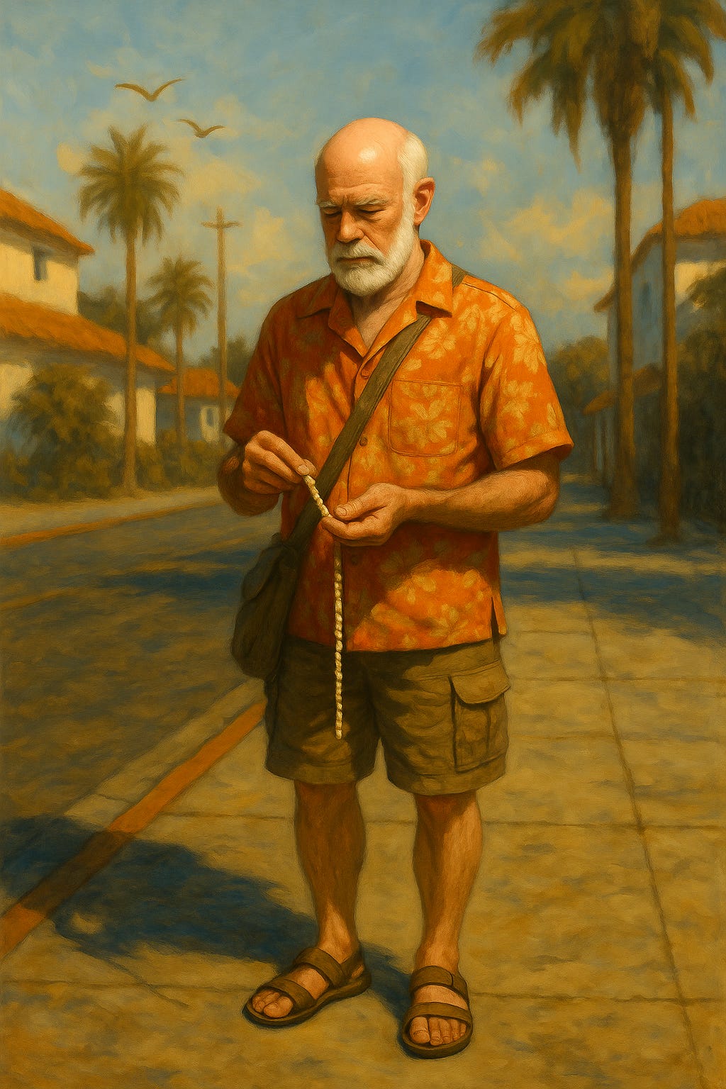 A white-haired, balding man in a beach shirt and khaki shorts stands near the surf, solemnly holding a single strand of puka shells. His face shows quiet grief and reflection. A white-haired, balding man in a beach shirt and khaki shorts stands near the surf, solemnly holding a single strand of puka shells. His face shows quiet grief and reflection.