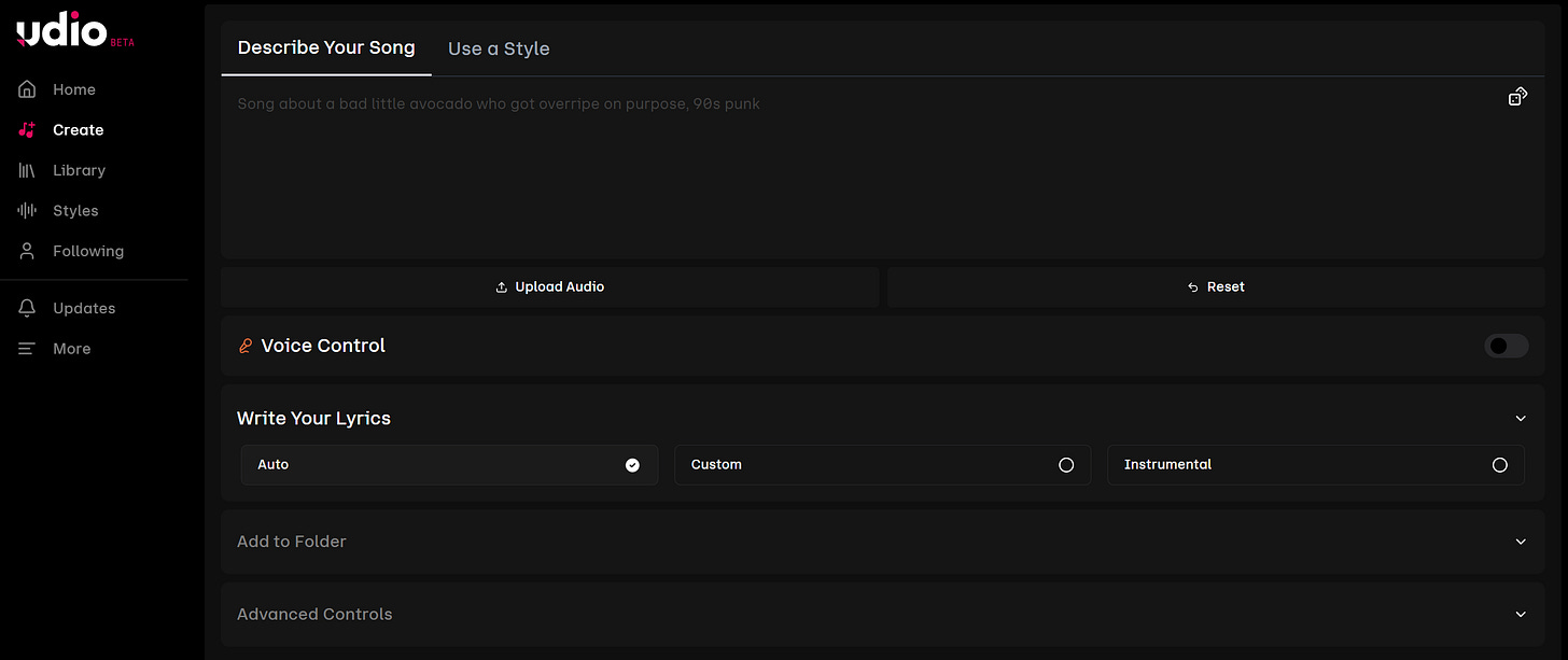 Udio app screen showing options to describe a song, upload audio, use voice control, and write lyrics.