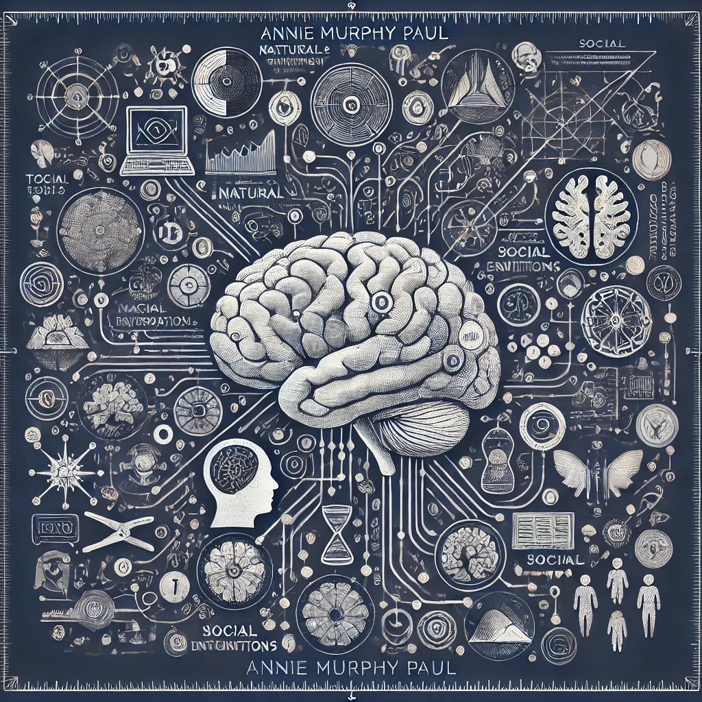 An intricate illustration featuring a human brain at the center, surrounded by numerous interconnected diagrams, symbols, and visual elements associated with science, psychology, and social concepts. The brain is detailed with neural pathways extending outward, linking to icons such as anatomical drawings, hourglasses, books, mathematical graphs, DNA helixes, and silhouettes of people. Other items include representations of natural and social sciences, like a butterfly, a laptop, and network diagrams. The image has a monochromatic, technical design with a ruler-like border, and the text “Annie Murphy Paul” and “Natural and Social Explorations” appears prominently.