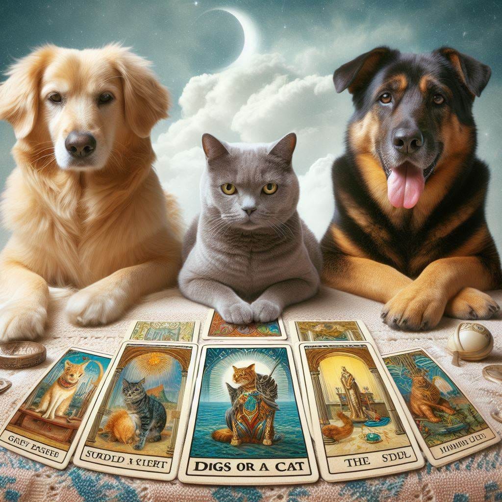 dogs and cats viewing tarot cards